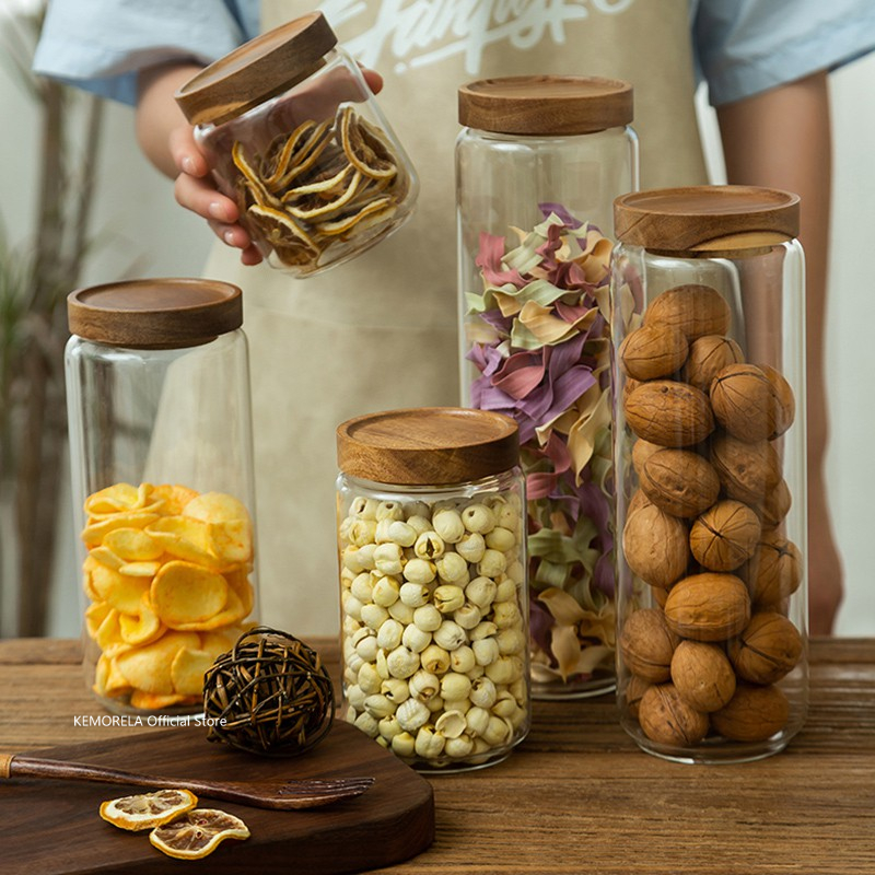 Food Storage Glass Containers - Wood Lid Glass Airtight Canister Kitchen