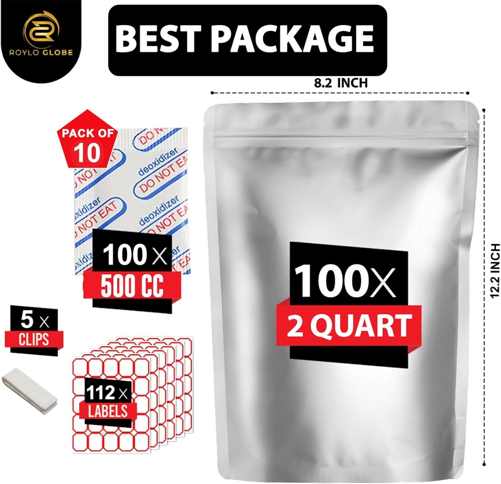 100pcs 2 Quart Mylar Bags with - Food Storage Long Term recension och pris